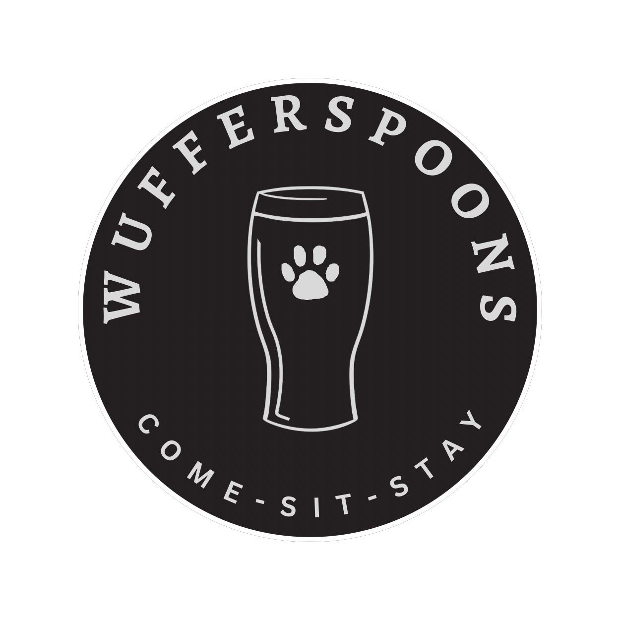 Black White Circle Beer glass with paw print. 