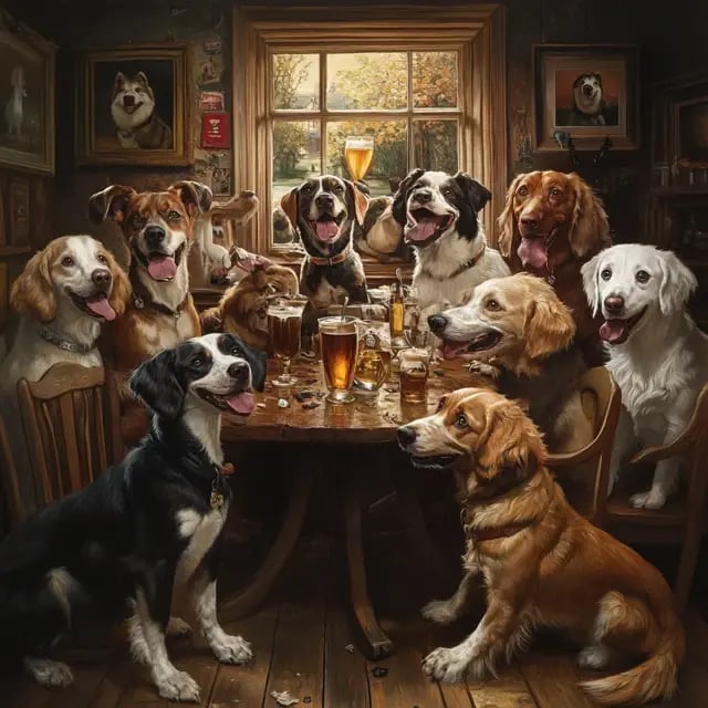 Dogs in the pub having fun.