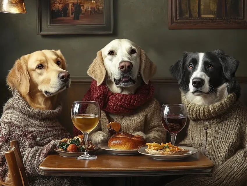 3dogs enjoying a pie and a pint in the pub. 